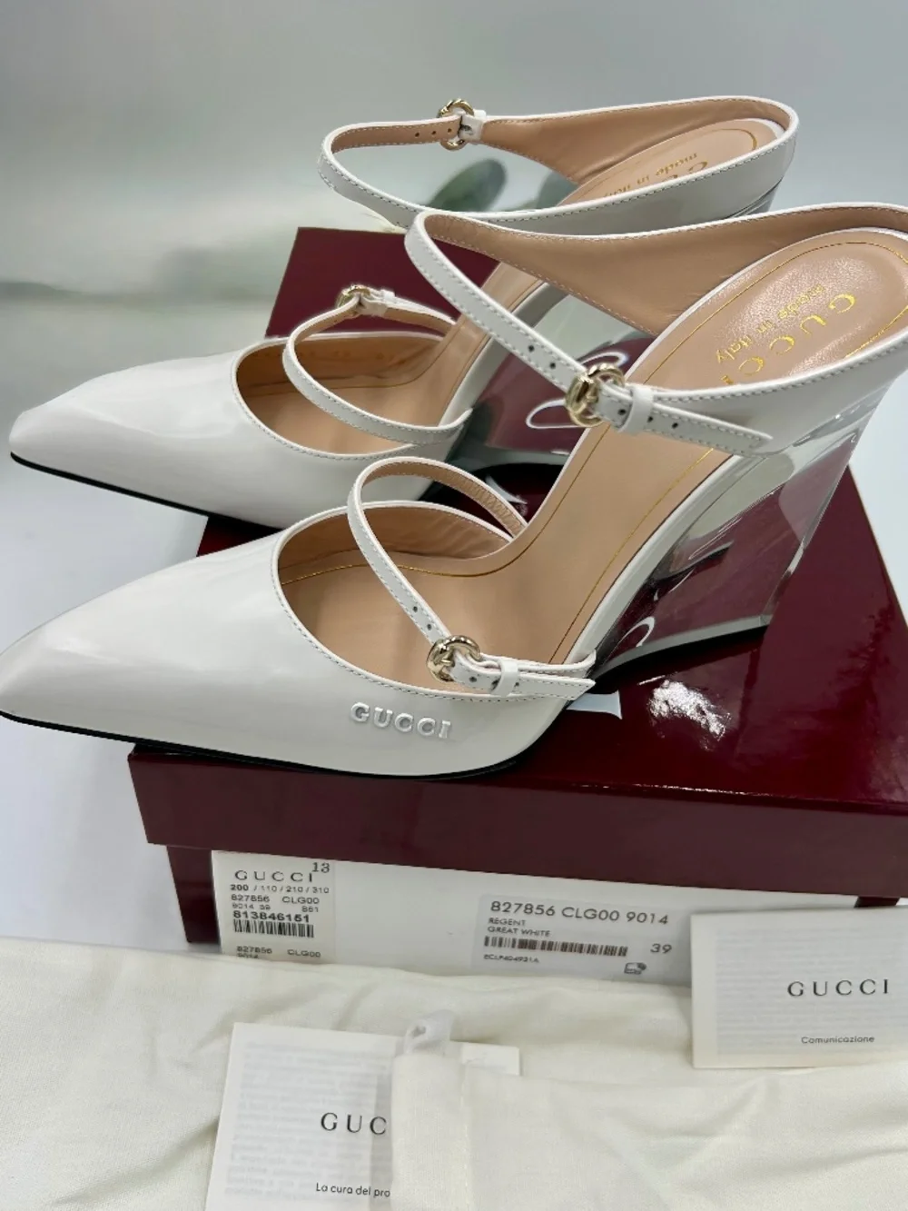 Women’s Gucci Christy Regent White Patent Leather Wedge Mules. Size 9.